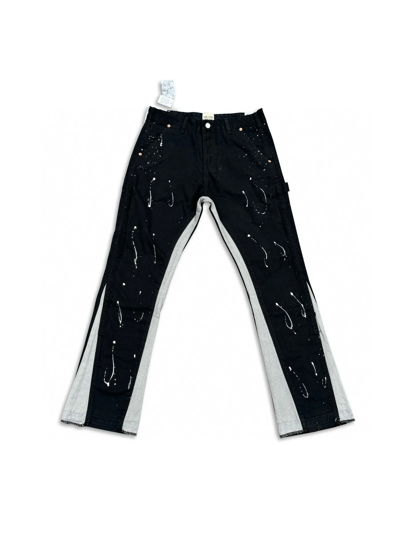 -Size upper body P220#G33 GALLERY DEPT. Spliced ​​washed retro jeans for men and women, high street splash-ink pants, micro-flared casual trousers, trendy couple, same style. Color: black. Size: S-XXL (corresponding to 28-36)